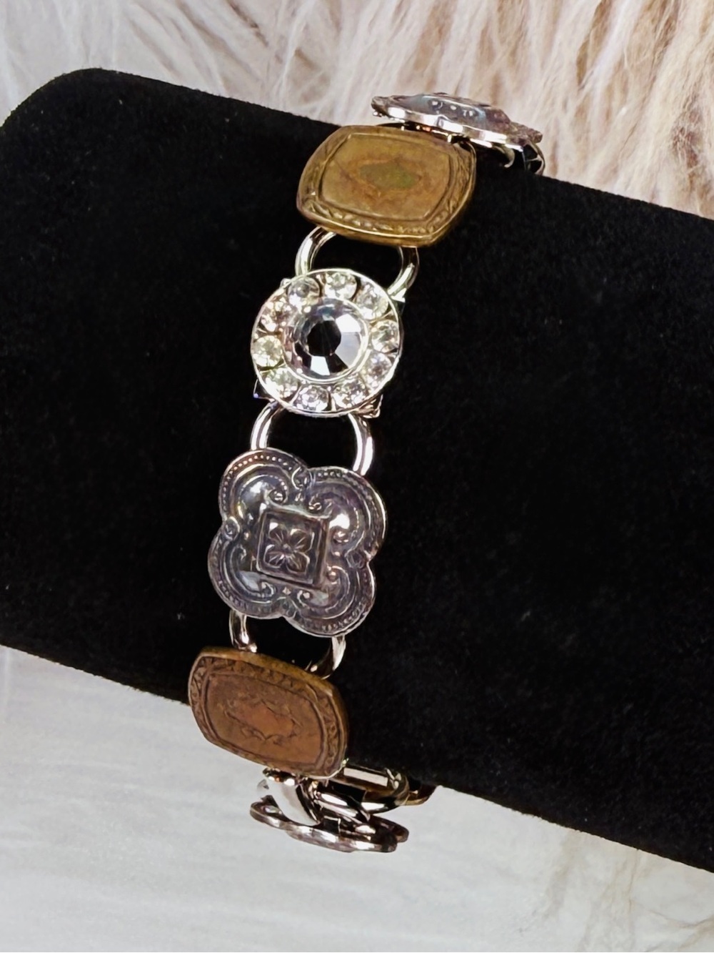 Vintage Mixed Metal Rhinestone Medallion Link Bracelet